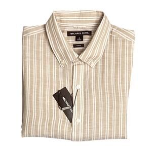 Michael Kors Men's Medium Casual Shirt Slim Fit Linen Blend Striped Khaki NEW